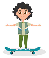 A boy rides a skateboard.The child has fun and plays sports.Vector illustration.