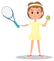 A girl is playing tennis.A girl with a tennis racket and a ball in her hands.The child has fun and plays sports.Vector illustration.