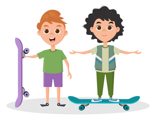 Children ride skateboards.Children have fun and play sports.Vector illustration.