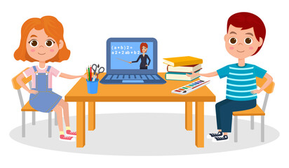Online lessons.A little girl and a boy are doing their homework.Vector graphics.