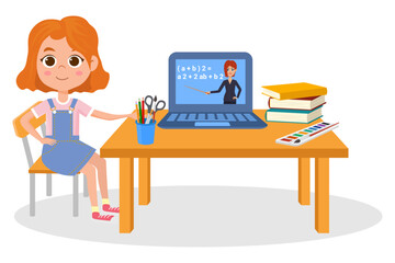 Online lessons.A little girl is doing her homework.Vector graphics.