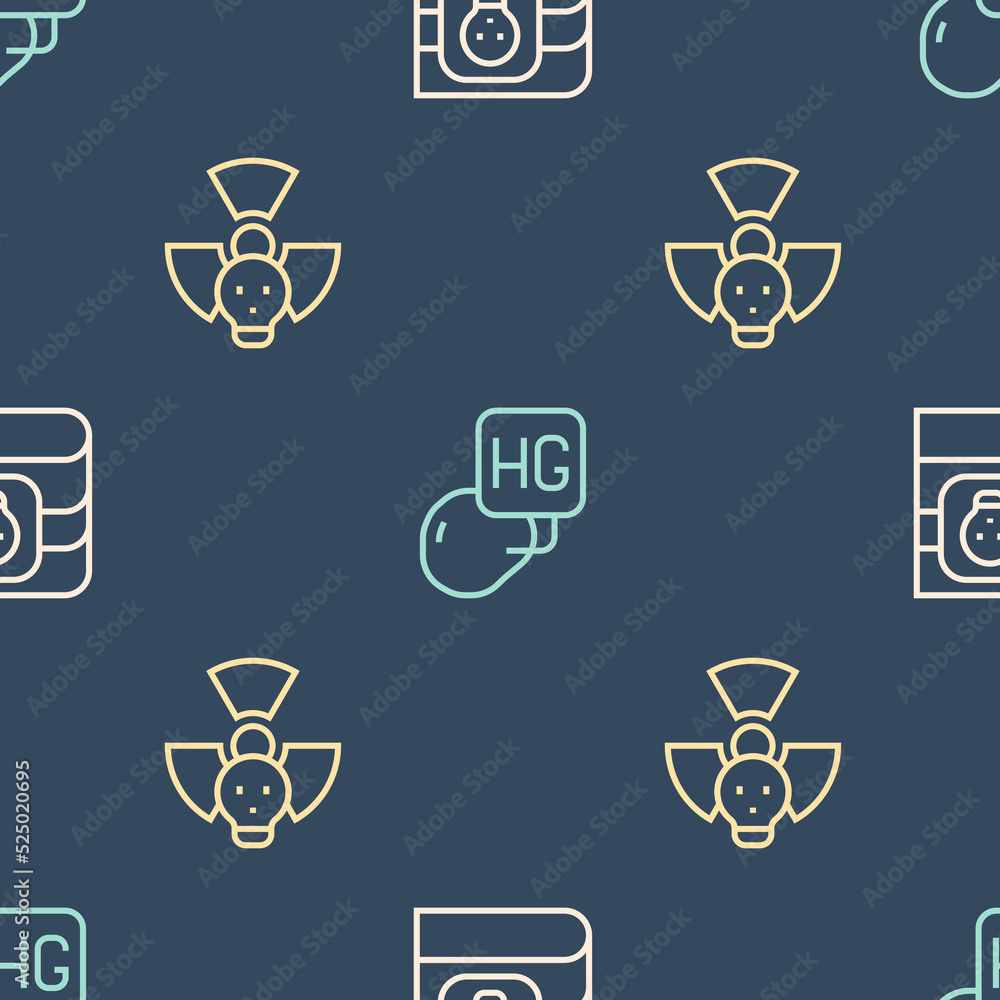 Poster set line book about poisons, radioactive and drop of mercury on seamless pattern. vector