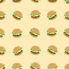 Seamless pattern with burger. Hand drawn of fast food illustration. Background for restaurant, menu, street food, cafe