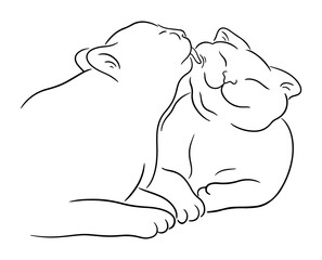 Sketch illustration of cat licks another smiling cat. Two pet cats caring each other. Pets friendly concept