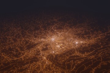 Aerial shot of Roanoke (Virginia, USA) at night, view from north. Imitation of satellite view on modern city with street lights and glow effect. 3d render