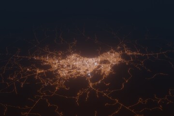 Aerial shot on Sana'a (Yemen) at night, view from west. Imitation of satellite view on modern city with street lights and glow effect. 3d render