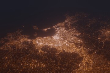 Fototapeta na wymiar Aerial shot of Fukuoka (Japan) at night, view from south. Imitation of satellite view on modern city with street lights and glow effect. 3d render
