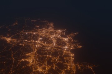 Aerial shot on Busan (Korea) at night, view from west. Imitation of satellite view on modern city with street lights and glow effect. 3d render