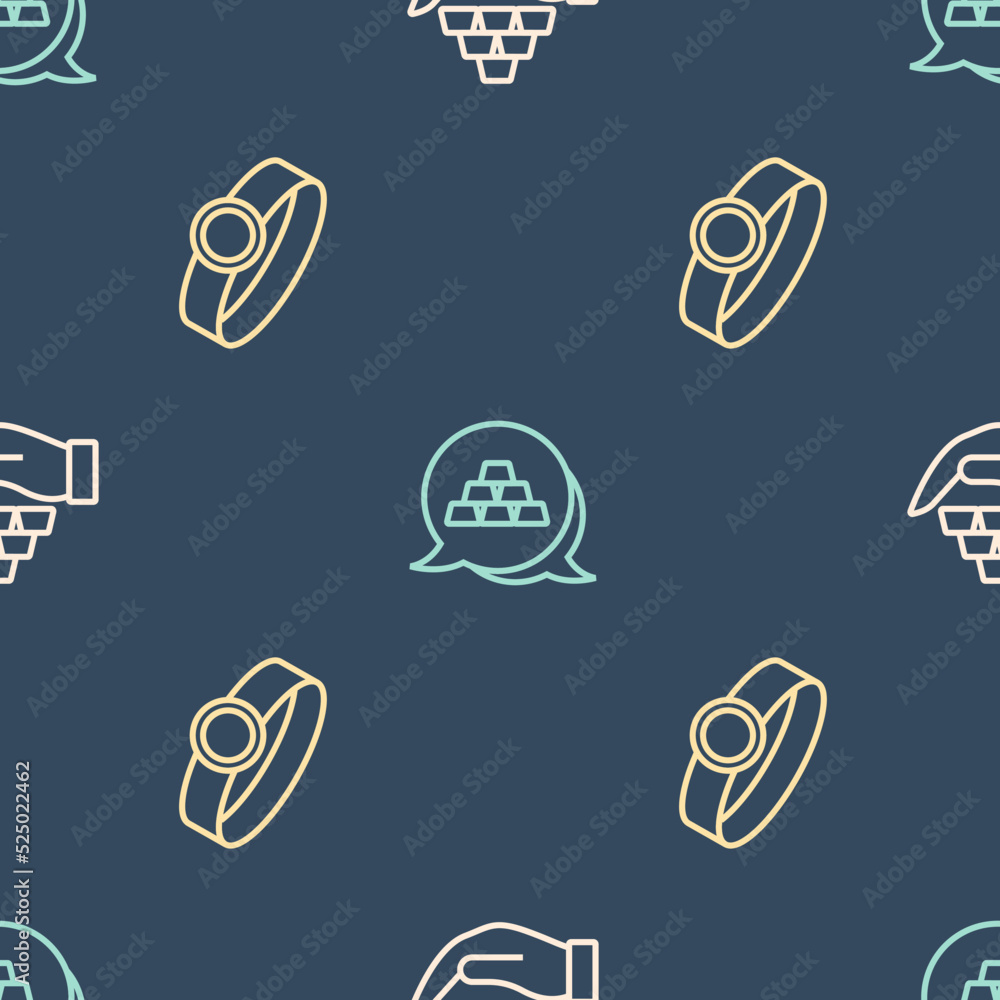 Poster set line gold bars in hand, ring and on seamless pattern. vector