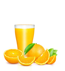 A glass of orange juice. Oranges and oranges cut into pieces. with green leaves isolated on white background
