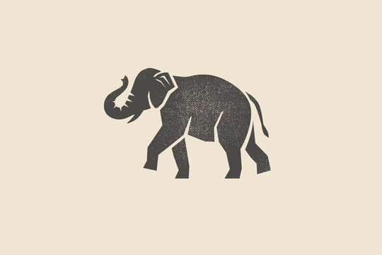 Elephant silhouette drawn with stamp effect. Indian animal. Vintage emblem. Design element for shop, market, packaging, labels and logo. Vector illustration.