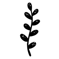 Black and white botanical vector illustration branch natural grass in doodle cartoon style hand drawn. Minimal decorative natural art isolated on white background.