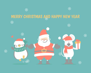 merry christmas and happy new year with cute and lovely hand drawn santa claus, mouse, penguin, snowflake, winter season green background, flat vector illustration cartoon character costume design