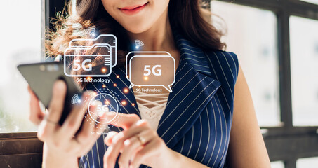 Portrait of beauy asian woman use digital smartphone with business technology link internet connection network earth global world wireless 5G network high-speed internet.metaverse and technology
