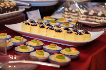 Catering in the office. A table with canapes and various snacks served on the background snack break catering
