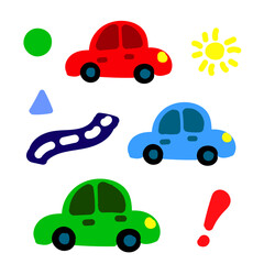 Fantasy fictitious cars, children drawing of a auto, a set of automobile and road signs