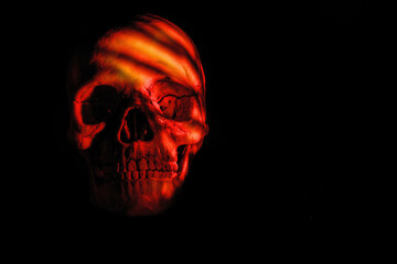 Model of a human skull illuminated with red and yellow stripes of light