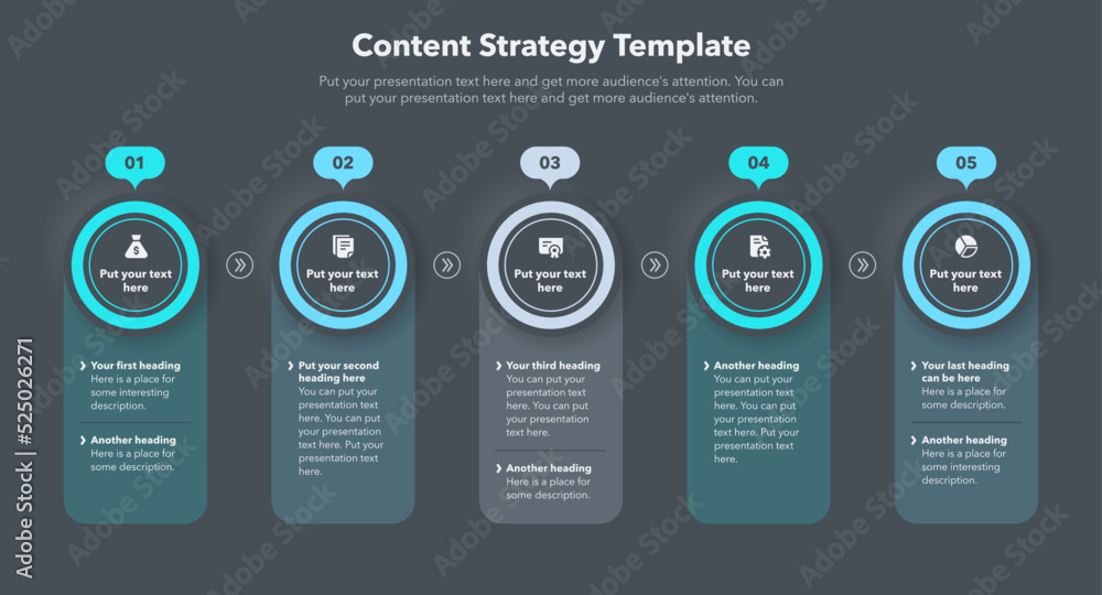 Aufkleber Content strategy template with five stages and place for your content - dark version. Simple flat template for data visualization.