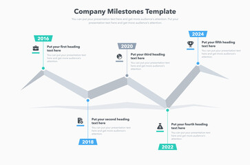 Company milestones template with five stages. Flat infographic design.