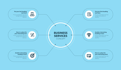 Modern business services concept - blue version. Concept of six stages with minimalistic icons.