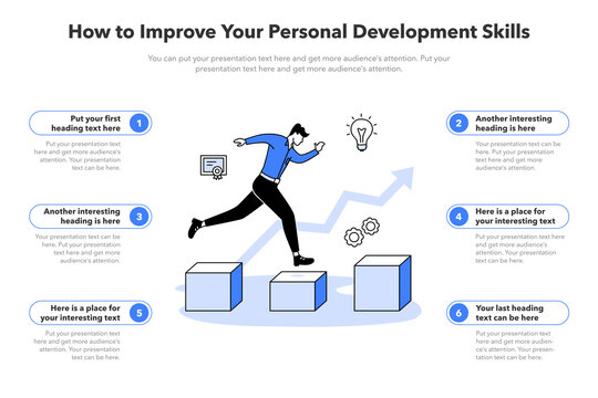 Simple Infographic Template For How To Improve Your Personal Development Skills. Template With A Person Developing His Capabilities And Potential As A Main Symbol.