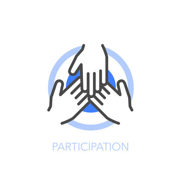 Simple visualised participation icon symbol with three connected hands.