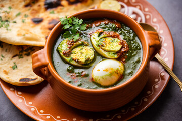 Spinach egg curry is an Indian non vegetarian dish made using palak gravy with eggs