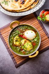 Spinach egg curry is an Indian non vegetarian dish made using palak gravy with eggs