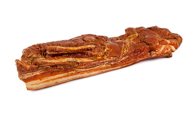 A smoked piece of bacon isolated on a white background