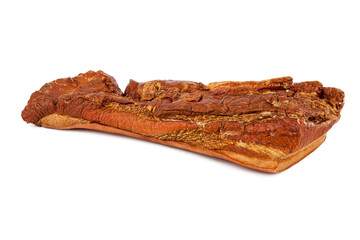 A smoked piece of bacon isolated on a white background
