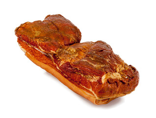 A smoked piece of bacon isolated on a white background
