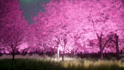 A beautiful night cherry blossom forest colored with pink light 3