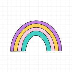 Fototapeta premium Cute bright rainbow in the style of the 90s. Vector hand-drawn doodle illustration isolated on white background. Nostalgia for the 1990s. Perfect for cards, decorations, logo