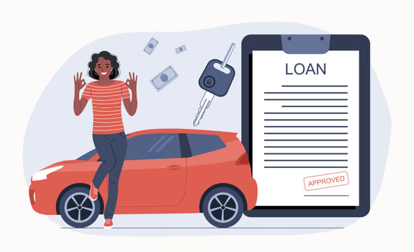 A woman rejoices at the approval of a car loan. Vector illustration.