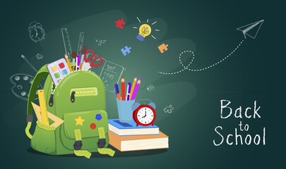 Back to school banner, poster. School bag with school supplies on background of chalkboard with different scientific icons. Vector illustration
