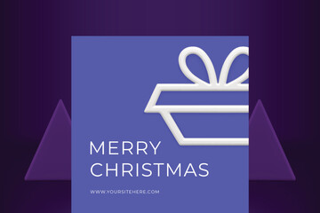 Merry Christmas purple greeting card gift box frame bauble realistic 3d icon vector illustration