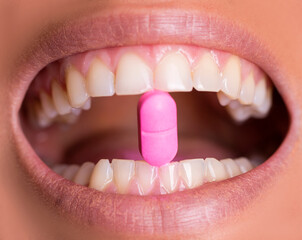 close up of mouth with teeth. Pills. Pill. Lipstick. People. Emotion. Detail. 