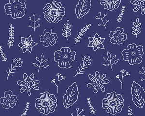 北欧花柄白線画イラスト背景（ネイビー）
