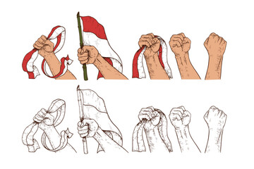 Hand Holding Indonesian Flag Handdrawn Illustration