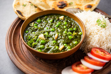 palak matar curry also known as spinach geen peas masala sabzi or sabji, indian food