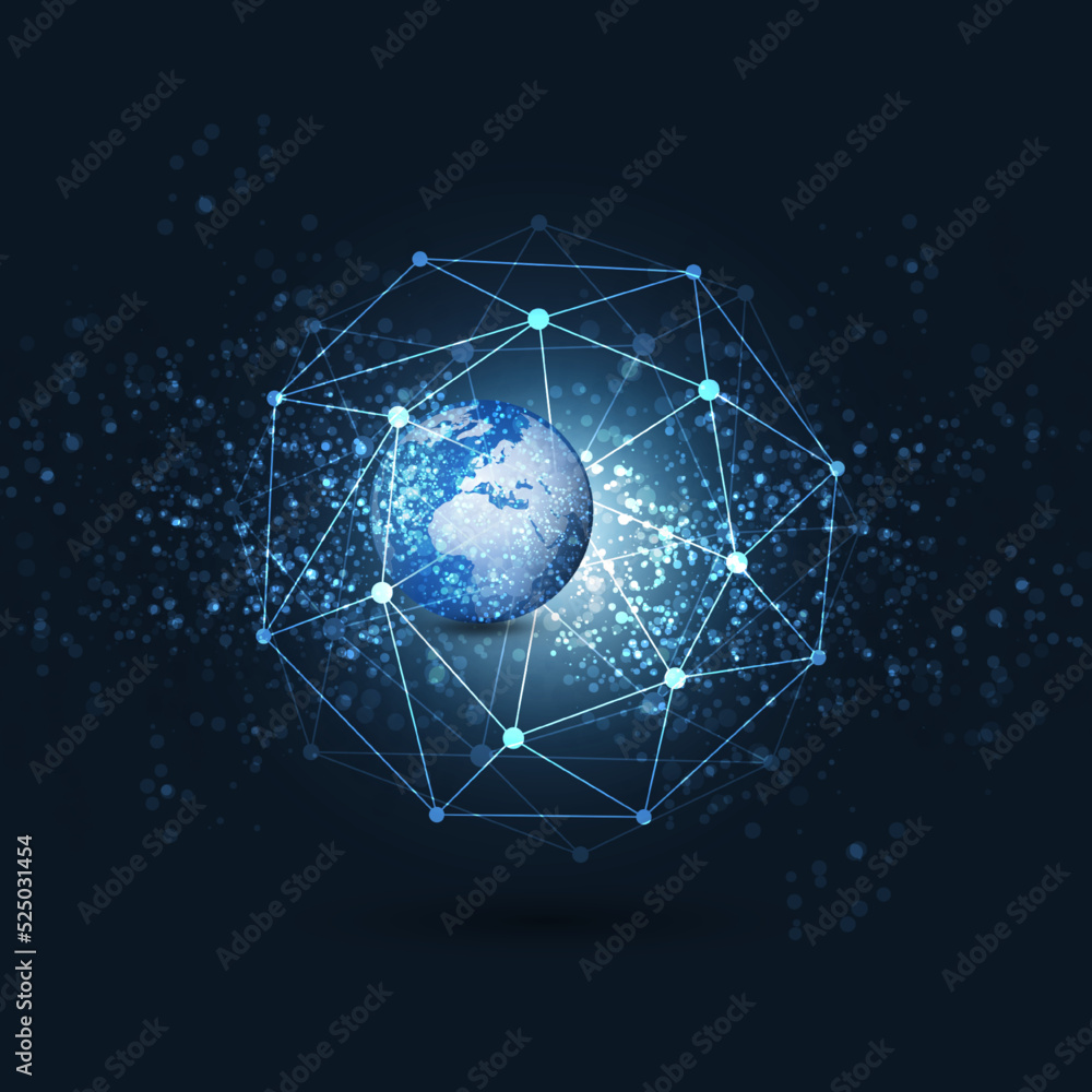 Poster dark blue cloud computing and networks concept with earth globe and sphere of polygonal mesh around 