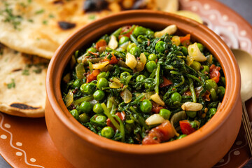 palak matar curry also known as spinach geen peas masala sabzi or sabji, indian food