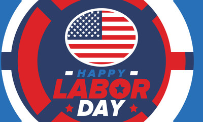 Obraz premium Happy Labor Day. Public federal holiday, celebrate annual in United States. American labor movement. Patriotic american elements. Poster, card, banner and background. Vector illustration