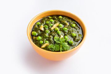 palak matar curry also known as spinach geen peas masala sabzi or sabji, indian food