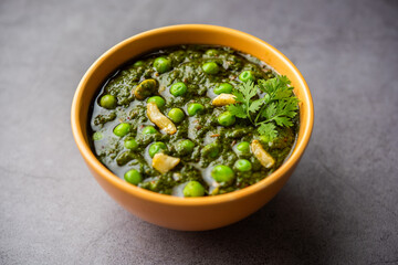 palak matar curry also known as spinach geen peas masala sabzi or sabji, indian food