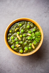 palak matar curry also known as spinach geen peas masala sabzi or sabji, indian food