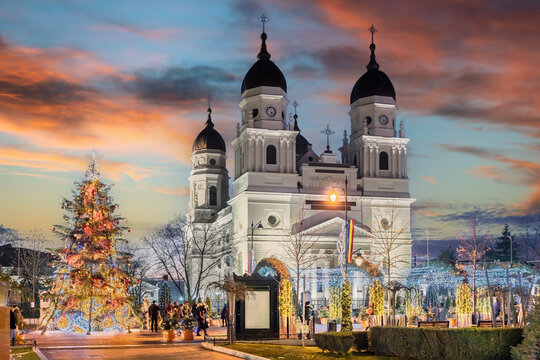 Christmas market and decorations tree in center of Iasi town, Romania
