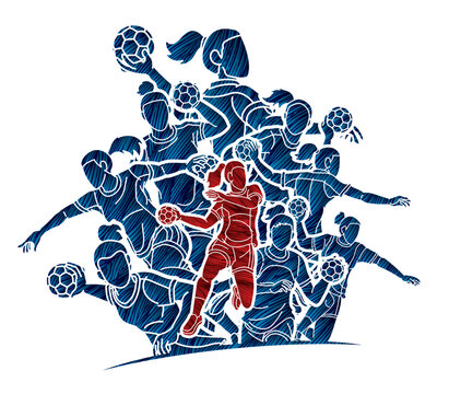 recommend clip art: Group of Handball Players Female Mix Action Cartoon Sport Graphic Vector