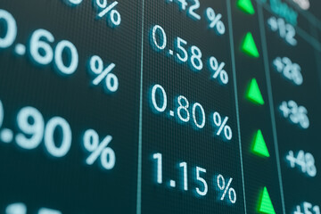 Yield and interest rates moves up. Rising bond yields and rates for saving accounts on the screen. Finance, invest, mortgage rates and stock exchange concept. 3D illustration