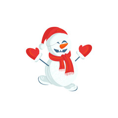 A cheerful snowman in a Santa Claus hat. A design element for Christmas, New Year.